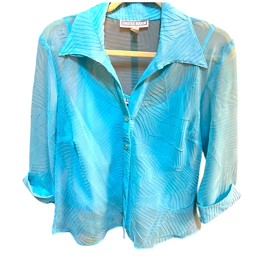 Vintage Turquoise Blue Sheer Button Up Top with 3/4 Sleeves & Matching Tank. XL
